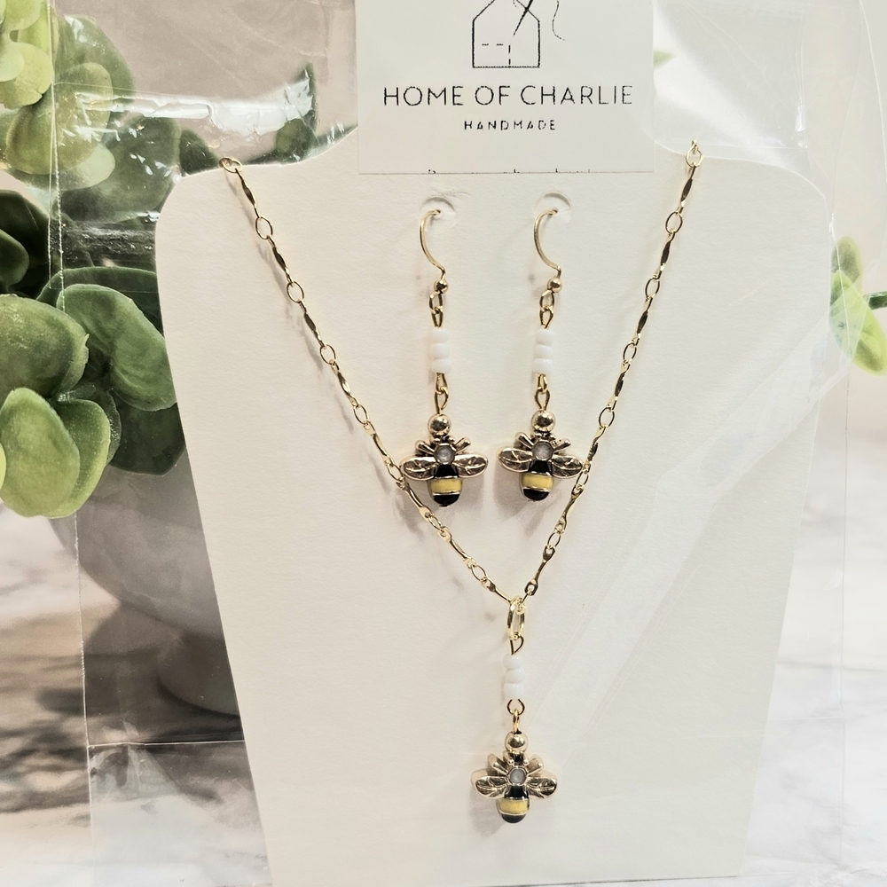 Yellow Enamel Bumblebee with White Glass Beads Necklace and Drop Earring Set